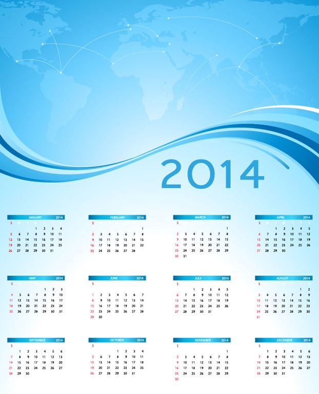 2014 Calendar with Blue World Map Vector Graphic Free Vector Graphics