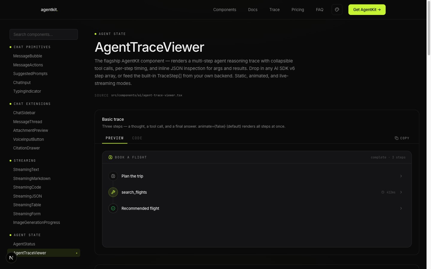 AgentKit AgentTraceViewer detail — live preview, source code tab, one-click copy