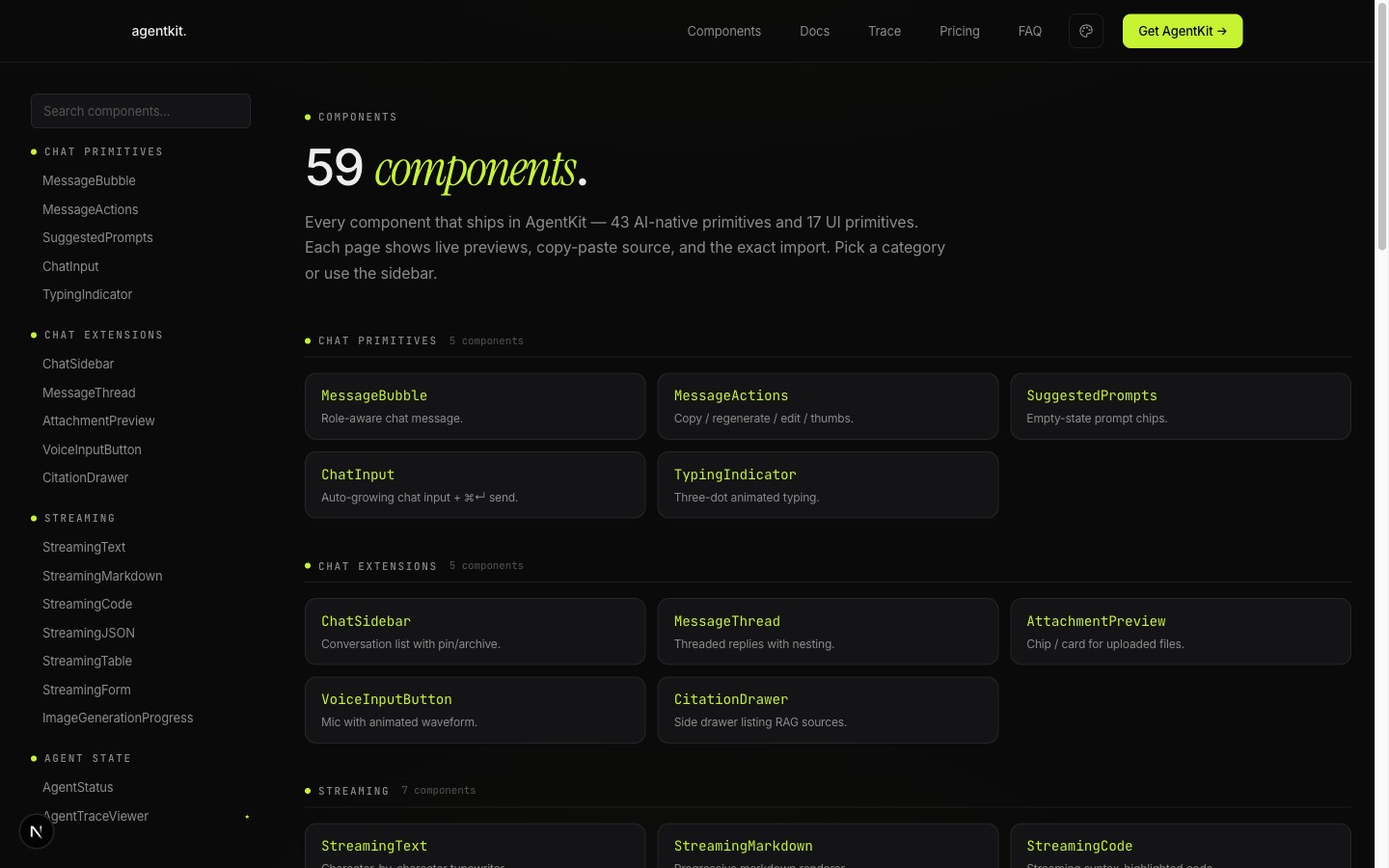 AgentKit components index — sticky sidebar, 65 components grouped by 11 categories
