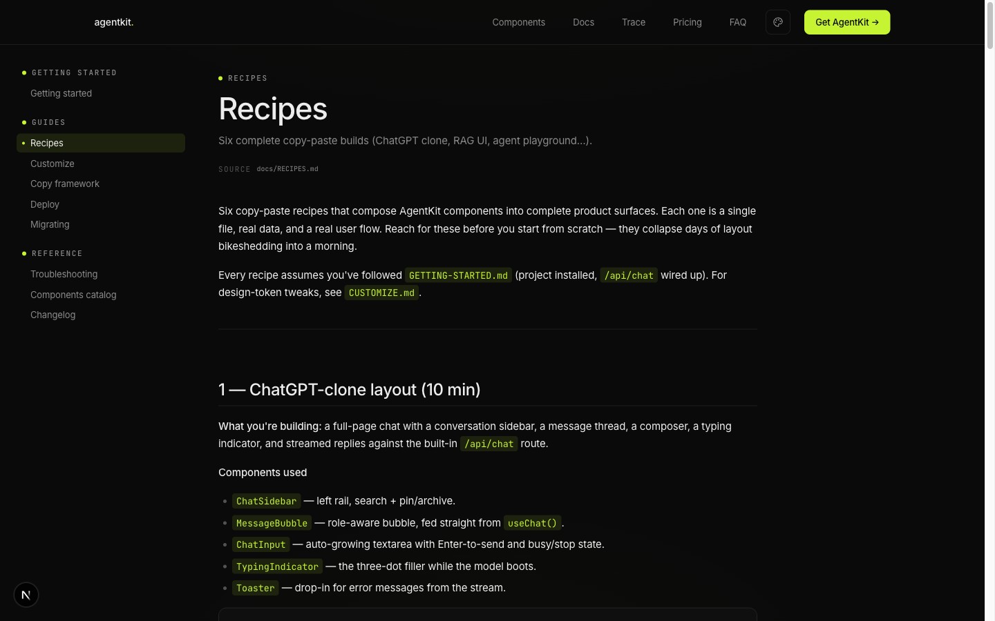 AgentKit /docs — Recipes page with rendered markdown and left sidebar