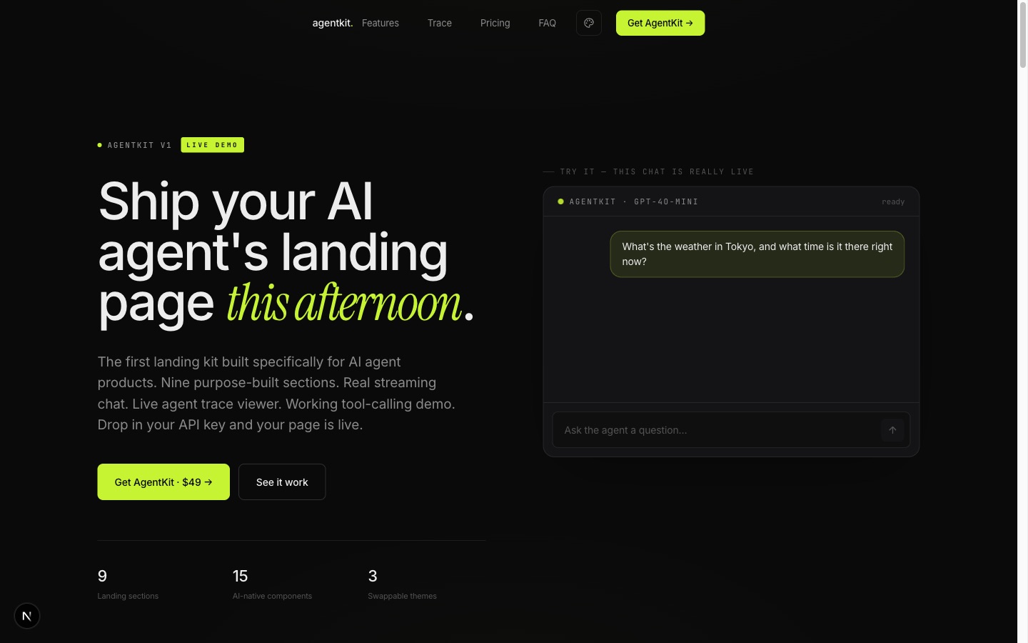 AgentKit landing page — hero with live streaming chat investigating a production error spike