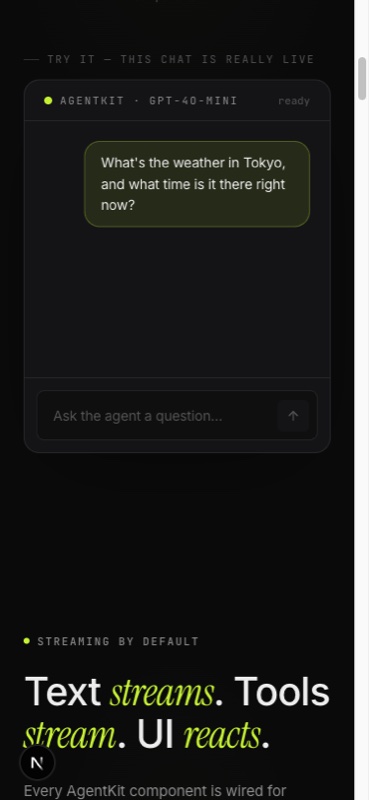AgentKit mobile live chat — full-width chat widget with streaming response