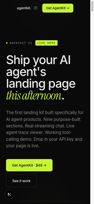 AgentKit mobile hero — headline, tagline, CTAs stacked vertically