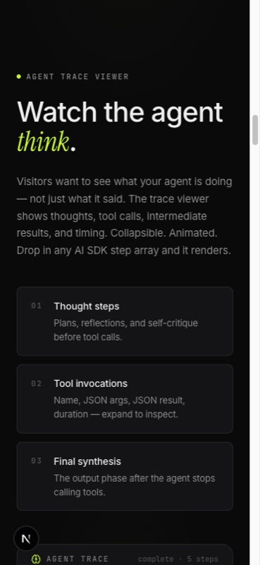 AgentKit mobile agent trace viewer — Thought / Tool / Final synthesis steps stacked