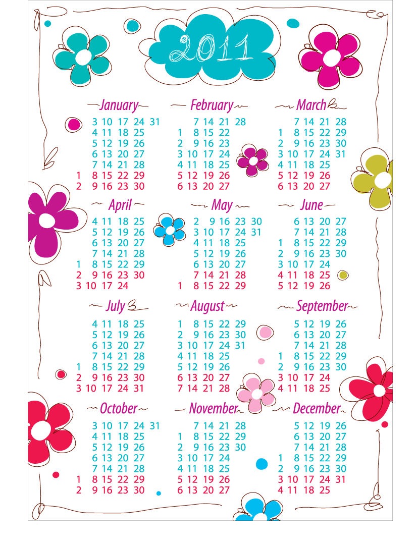 Annual Calendar For 2011 with Flowers