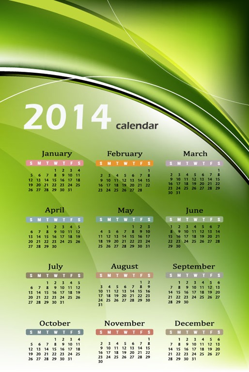 Calendar 2014 with Abstract Green Background Vector Graphic