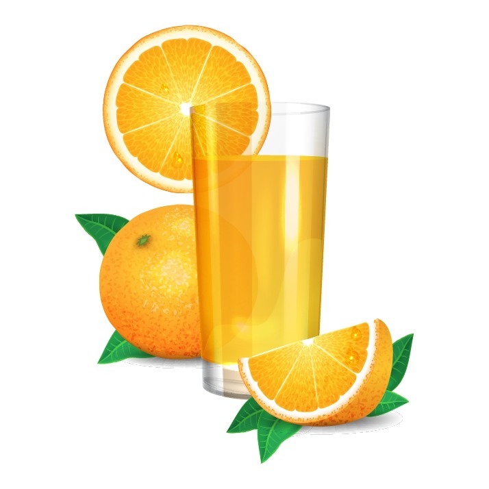 Fresh Orange Juice and Oranges with Leaves