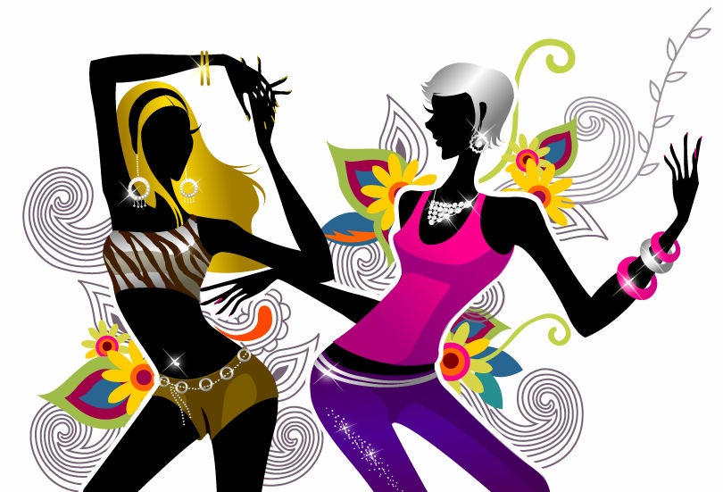 Two Girls Dancing on Floral Background Vector Illustration