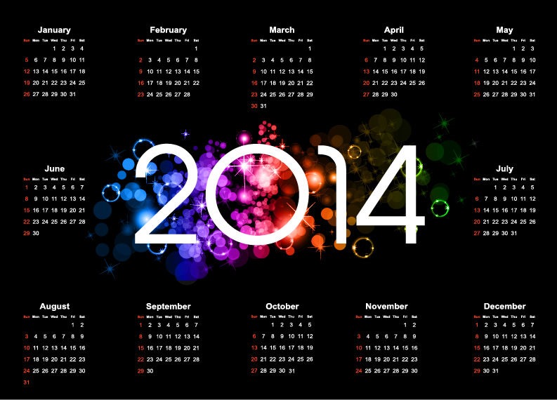 Colorful 2014 Calendar Design on Dark Background