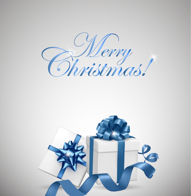 White Gift Box with Blue Bow for Christmas Vector Illustration