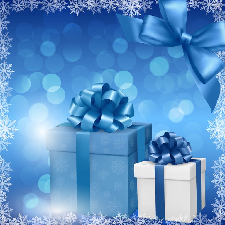 Christmas Blue Background with Gift Box and Snowflake