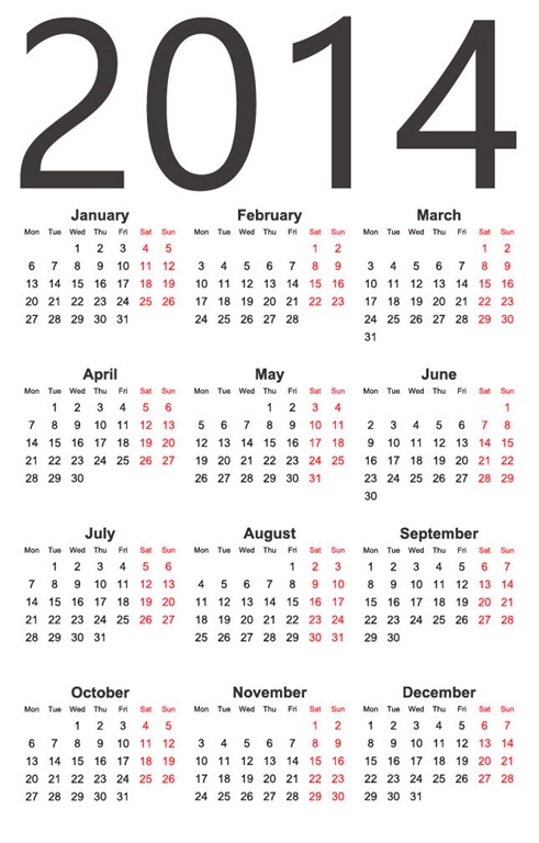 2014 Year Vector Calendar