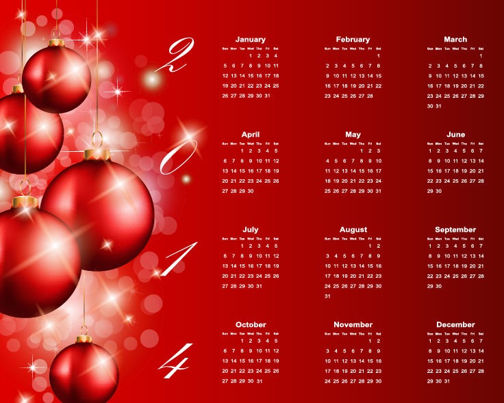2014 Calendar with Ball Ornament Red Background Vector Graphic