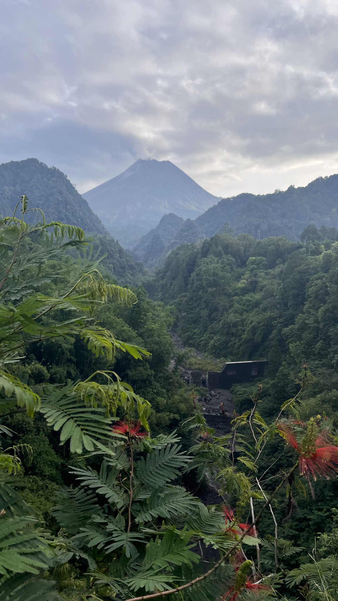 Photo of Mount Merapi volcano taken from Nawang Jagat camping area,  Yogyakarta, Indonesia. View down a long valley filled with greenery, volcano on the horizon dominating the picture, smoke coming out the top.