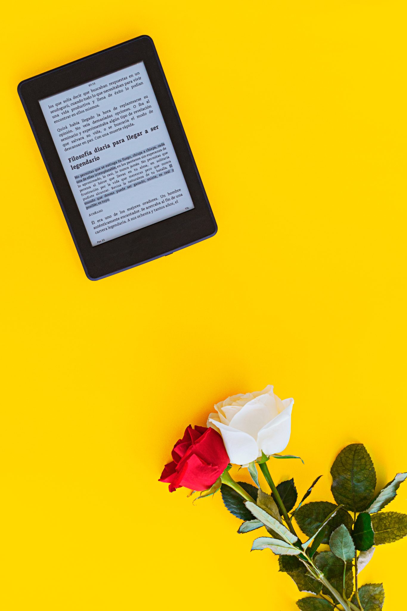 Kindle sobre fondo amarillo con rosas laterales

Kindle on yellow background with side roses
