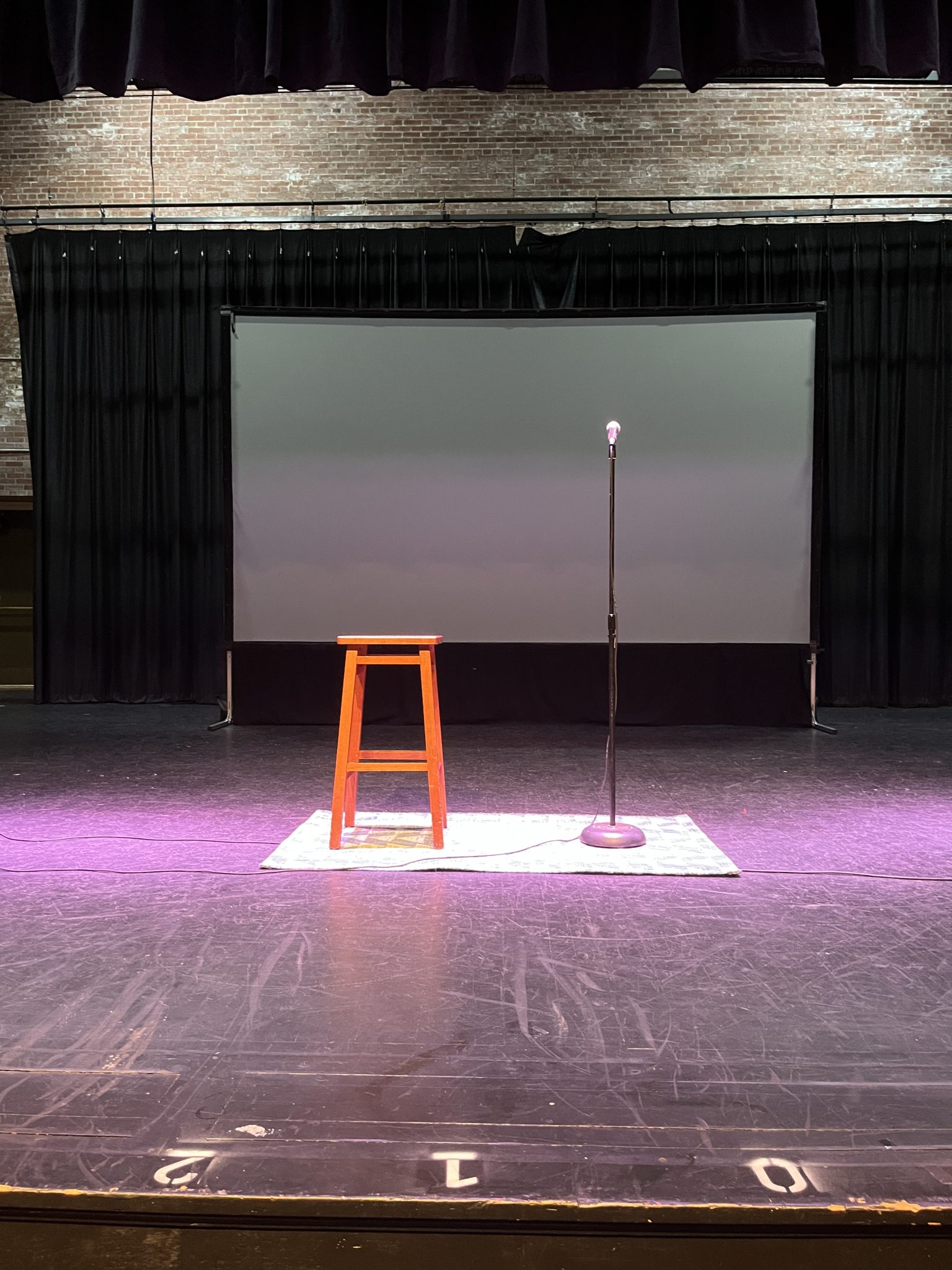 A stage lit from above with nothing but a small carpet, a stool, and a microphone. A white screen stands behind them.