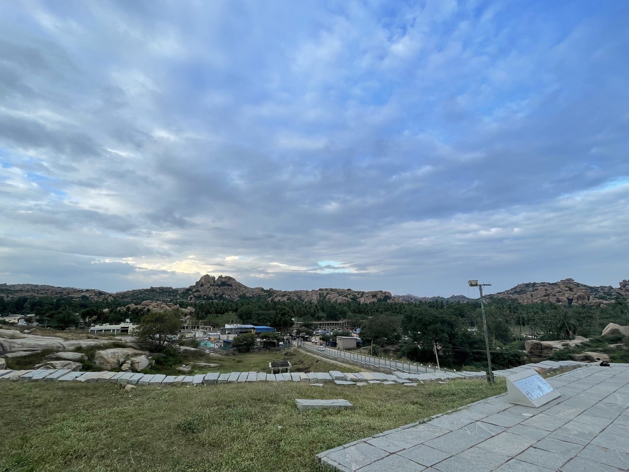 A long view of Matanga hills in evening from the foothill of the Hemakuta Hills. Hampi, Karnataka, India.