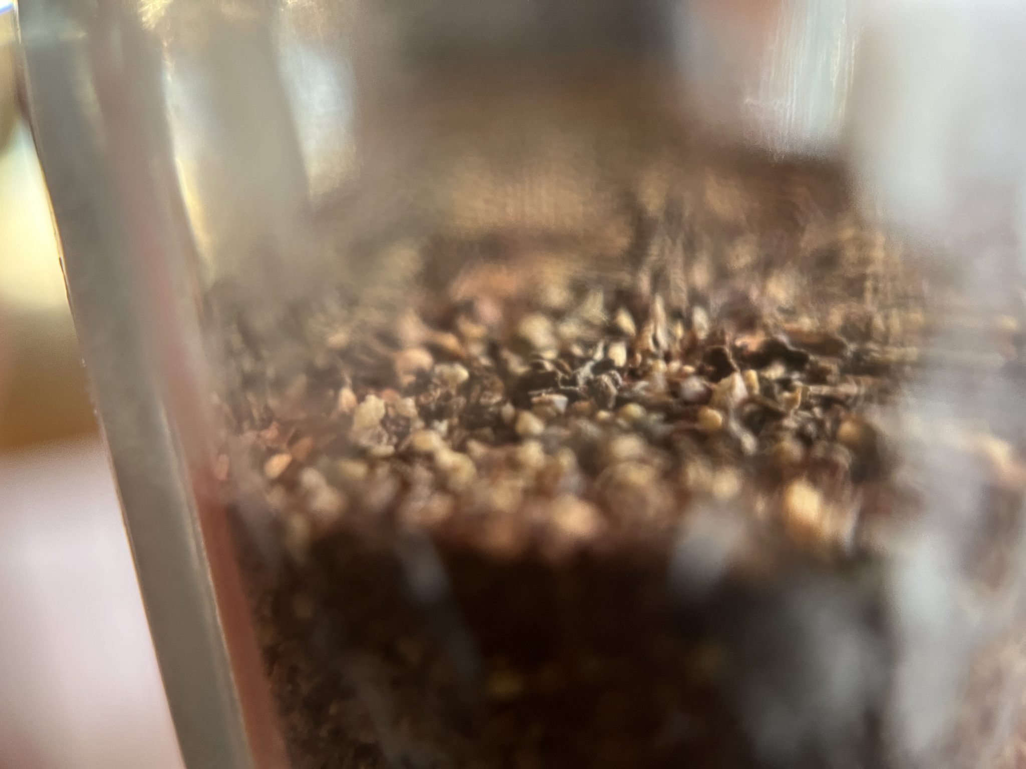 Black pepper close up through the glass of a shaker