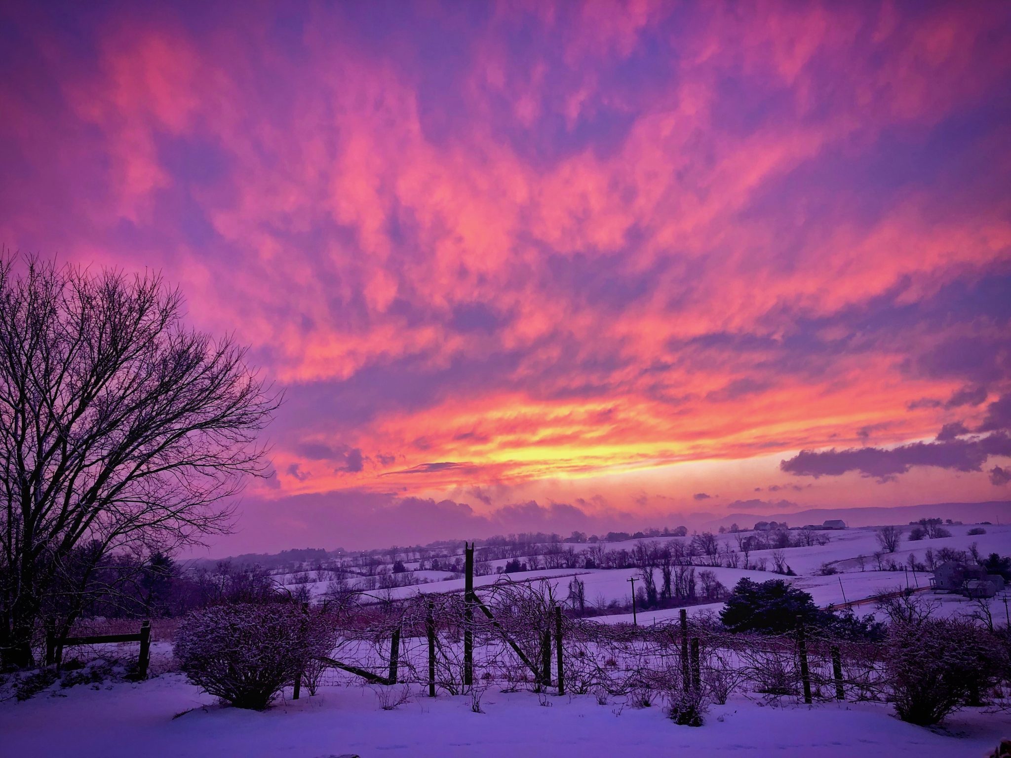 Sunset at winter over snowy farm fields