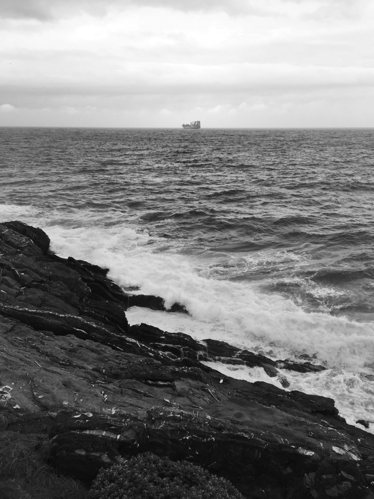 Black and White picture of a ship at sea with rocks in the foreground. Picture taken from the seaside fo Genova Nervi, Genoa.