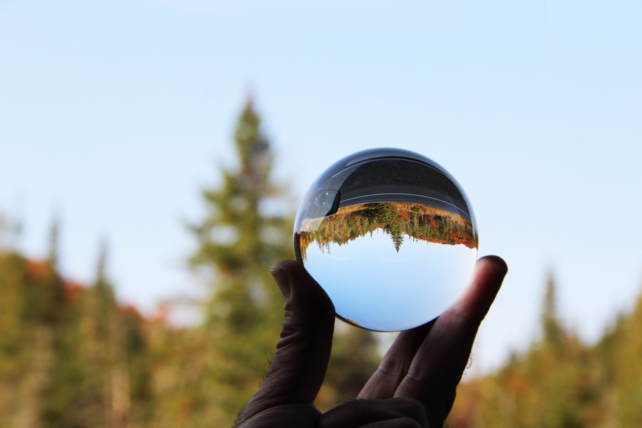 The Adirondack Mountains reflected through a lens ball.