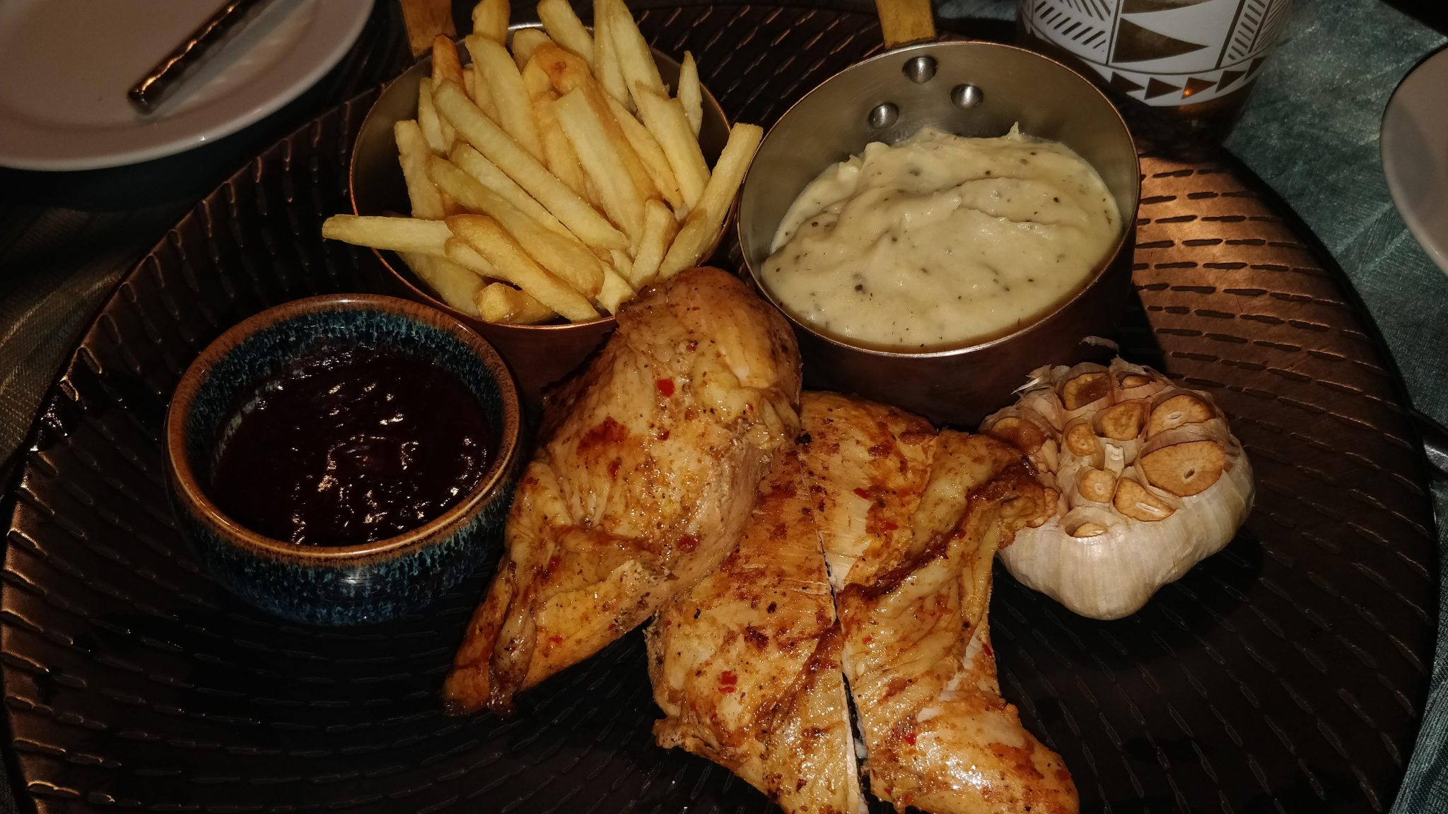 Grilled Chicken with Mashed Potatoes, French Fries and Garlic