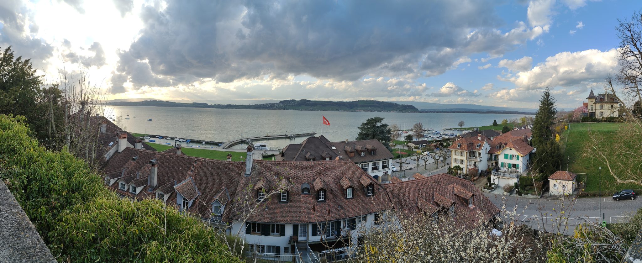 Panorama view of the Murten lake from the old part.