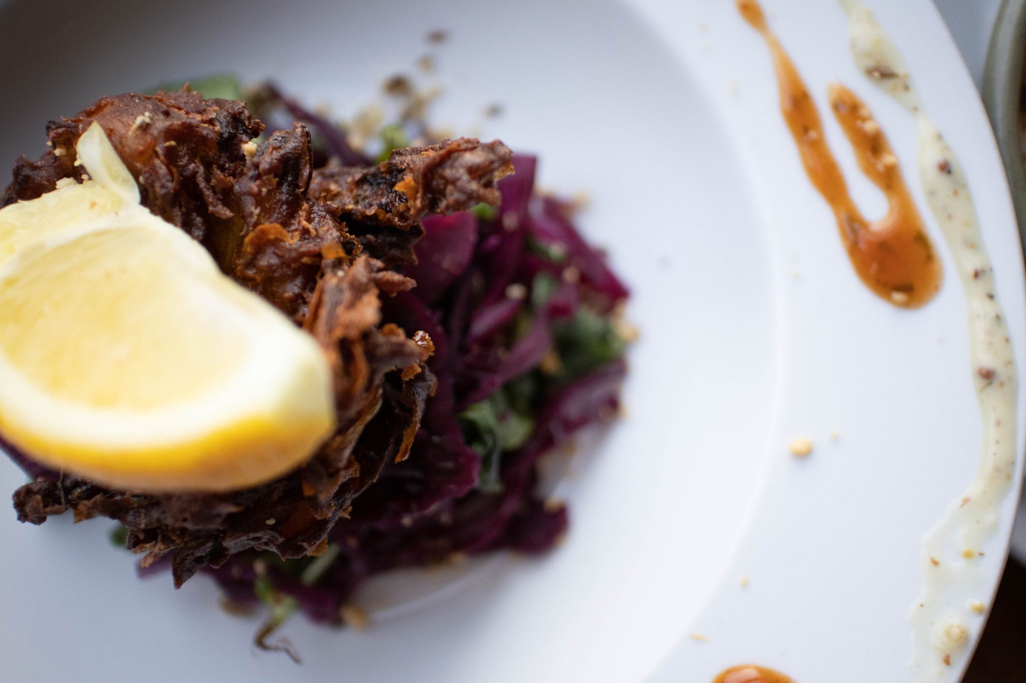 Yorkshire Tapas pub food - Pulled pork with red onions and crispy white onions.
