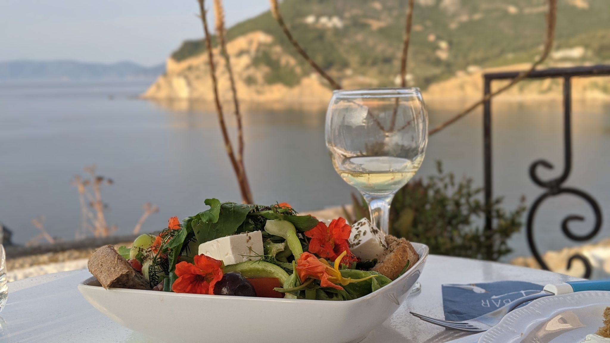 Greek Salad and White Wine with a View