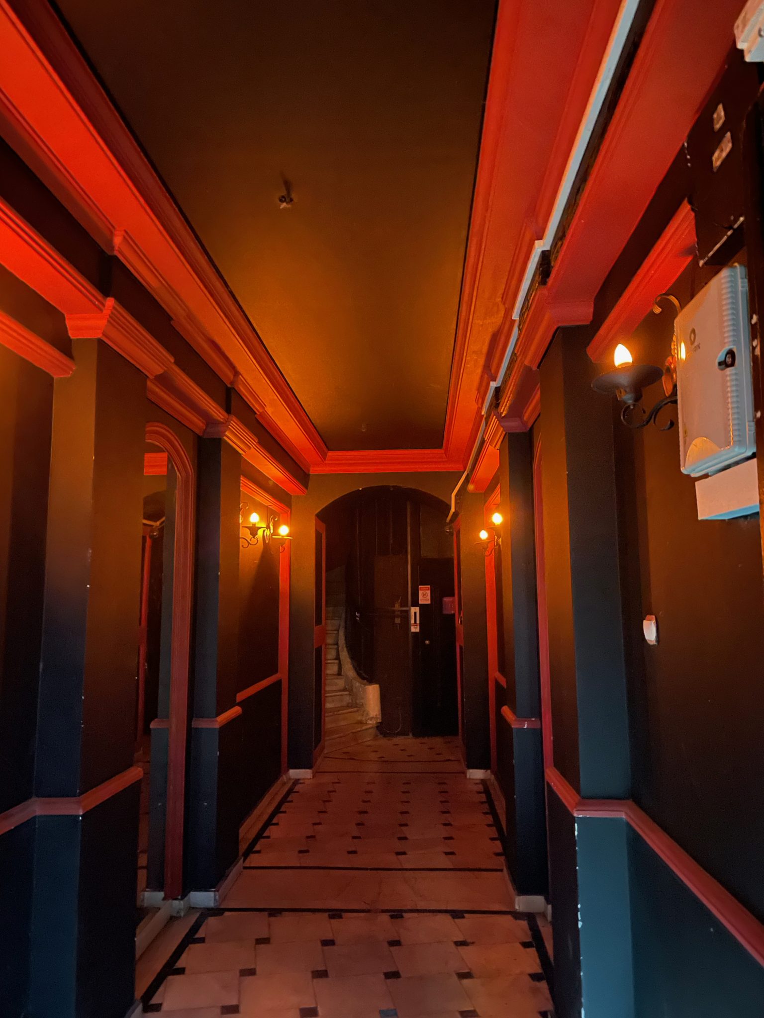 A corridor with red lights in Thessaloniki, Greece
