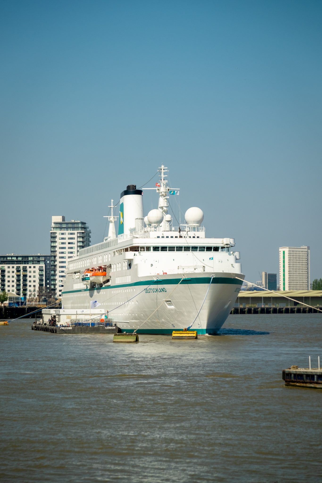 Large ship docked in Greenwich, London