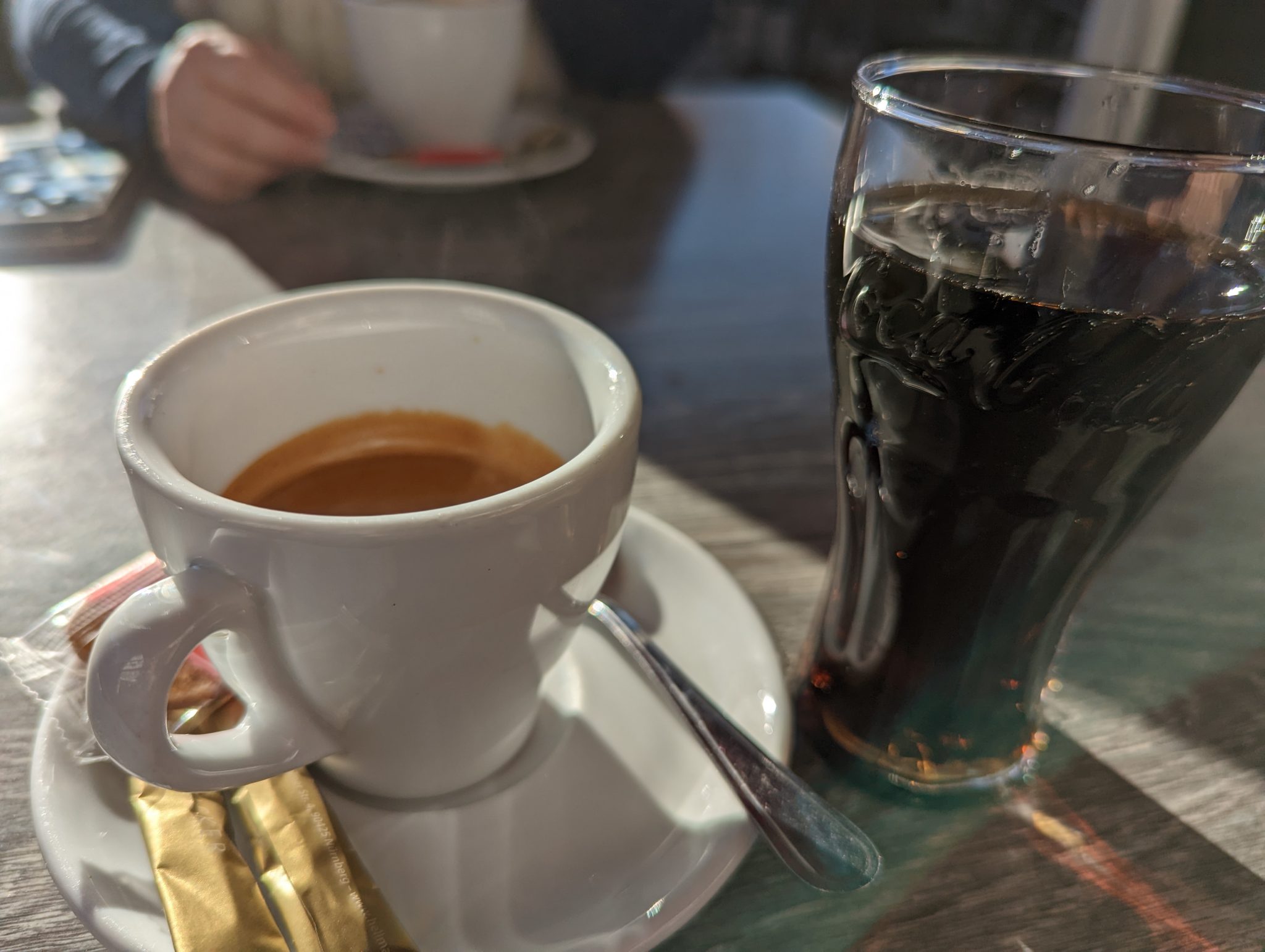 Relaxing with extra caffeine: double espresso and Coke Zero.