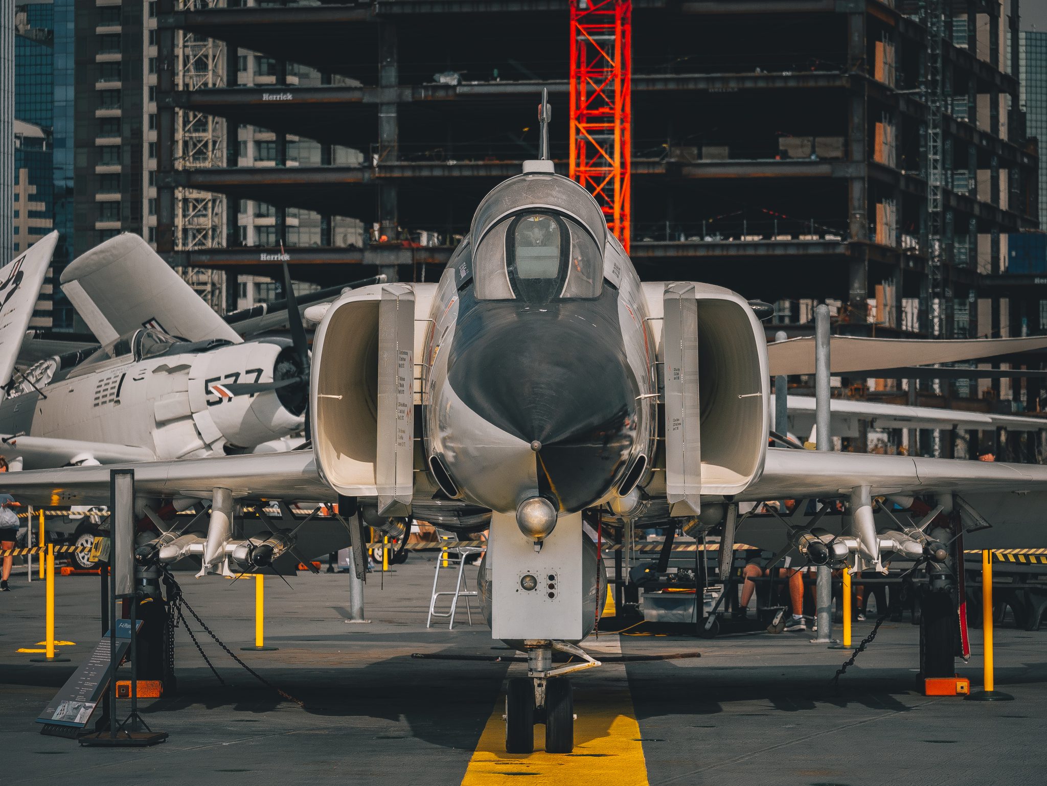 Front view of F-4 Phantom II on the deck of the USS Midway in San Diego