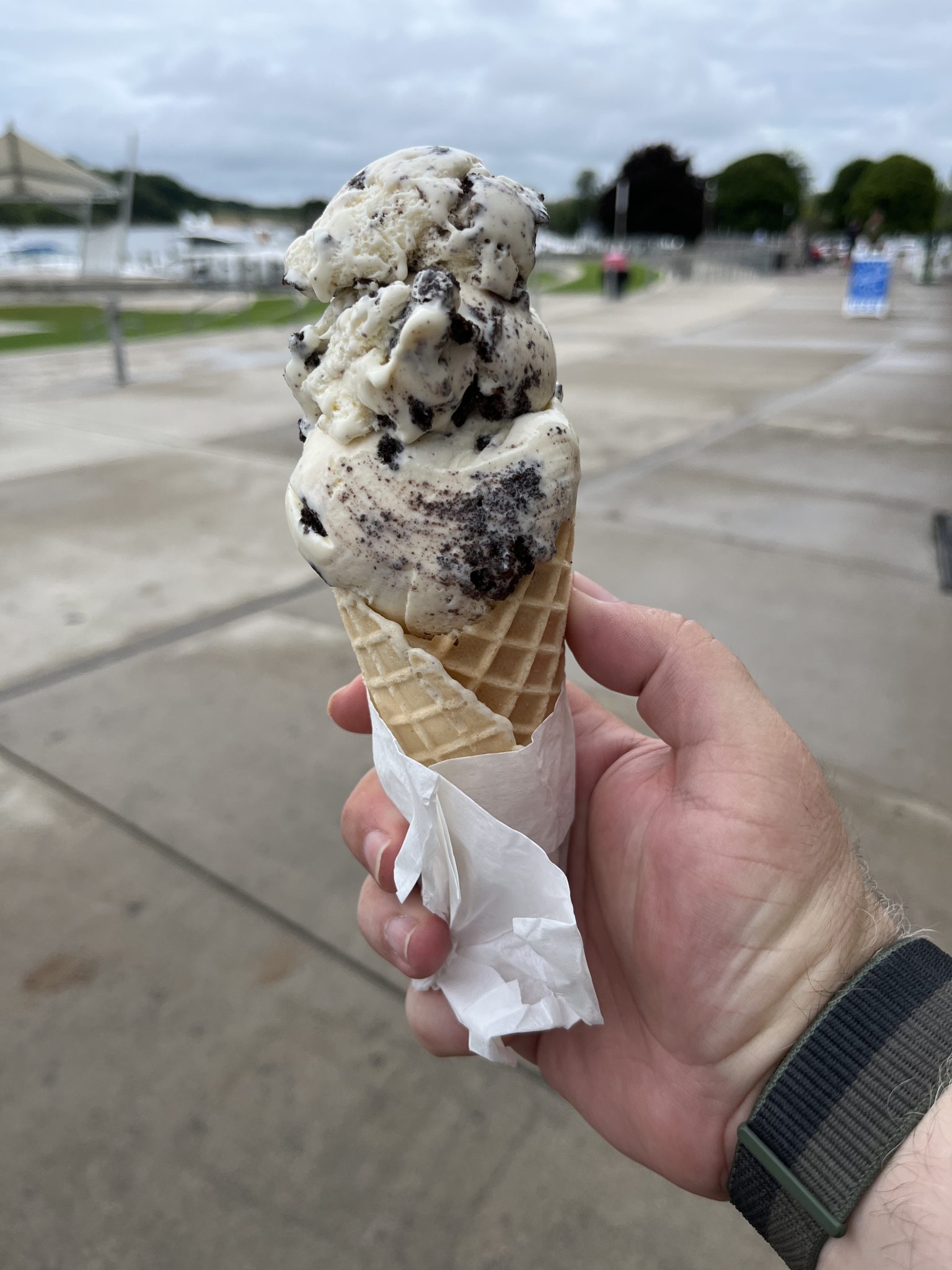 Cookies and cream ice cream cone in Grand Haven, Michigan