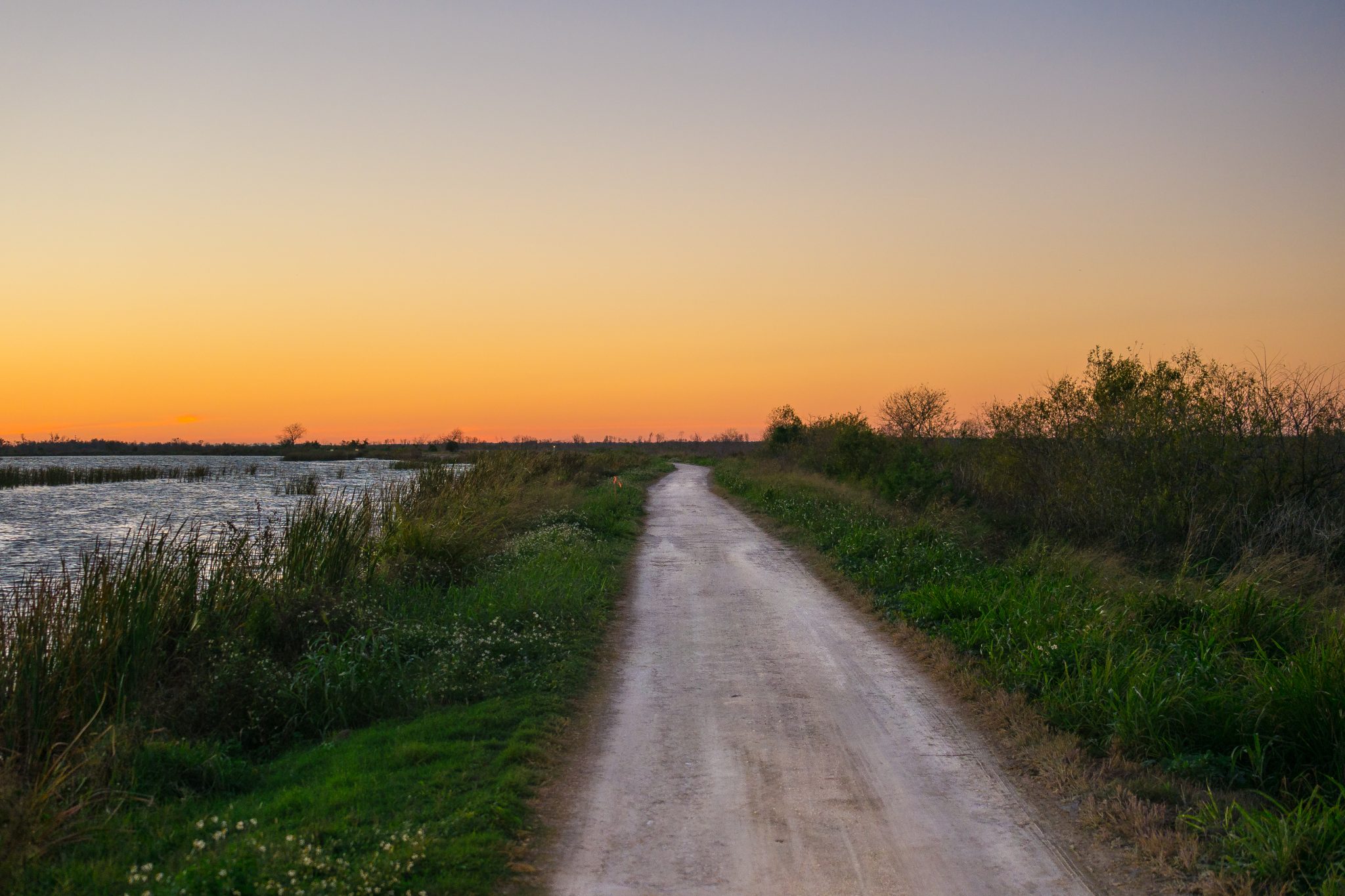 Sunset over lake along a dirt road in Florida