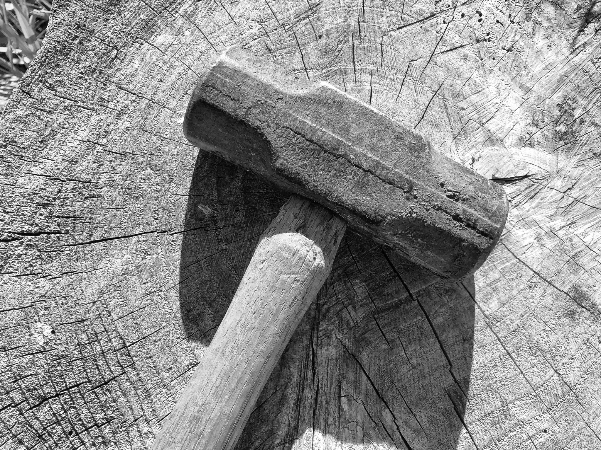 Black and white image of a mallet resting atop a tree stump