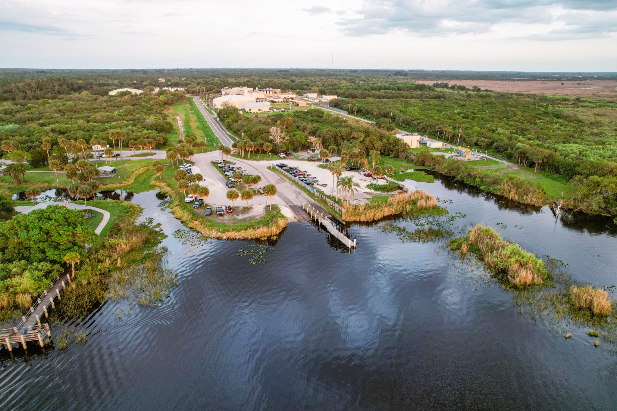 Aerial view of boat ramp and water treatment plant in Melbourne, Florida