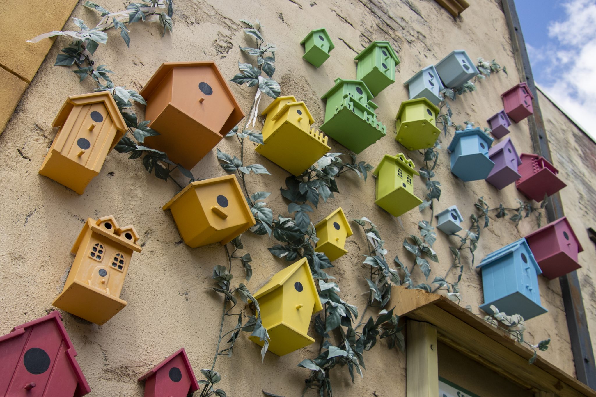 Colorful bird houses on a wall