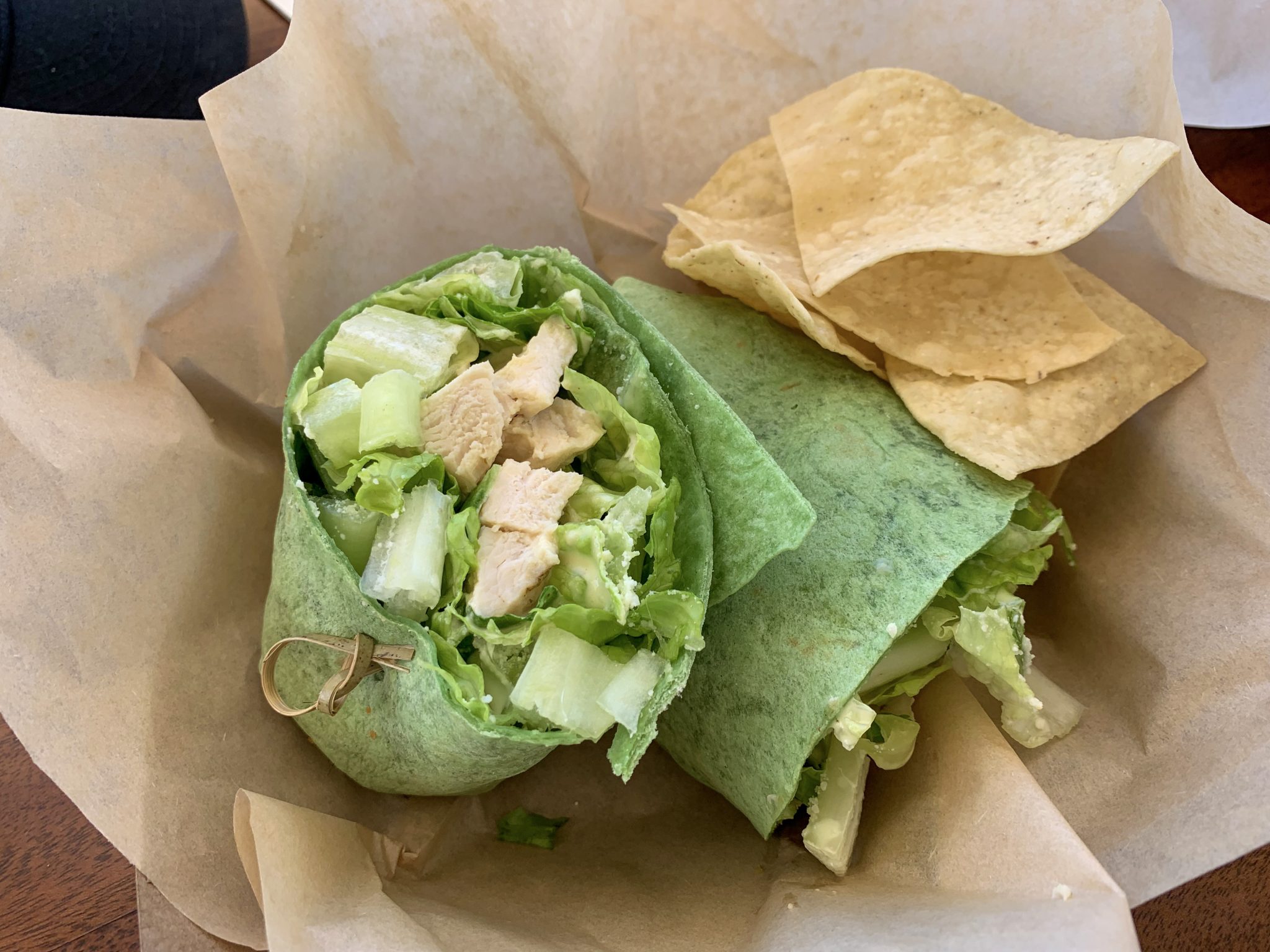 Chicken caesar salad spinach wrap with chips