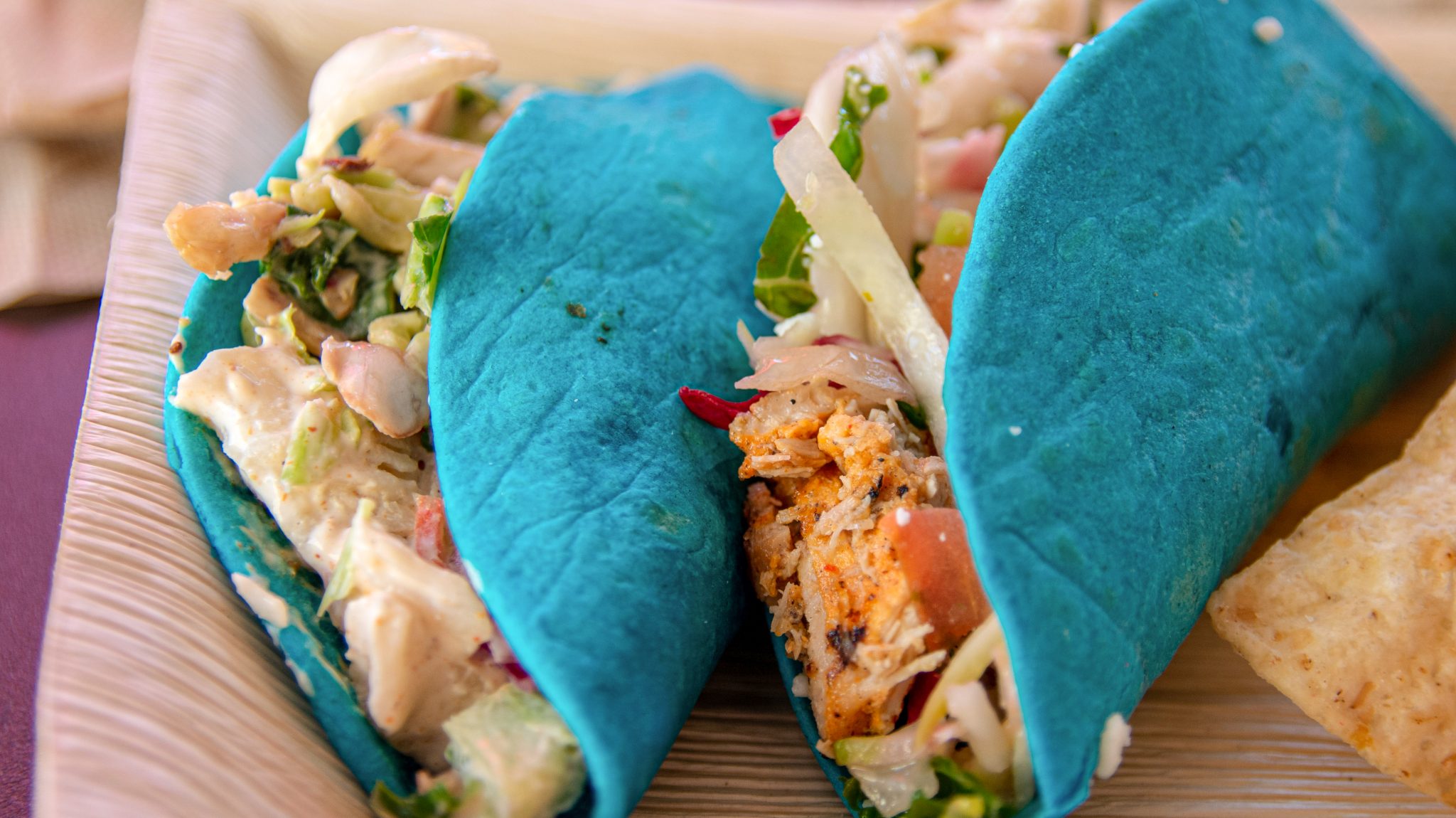 Close-up of two tacos with blue tortilla shells