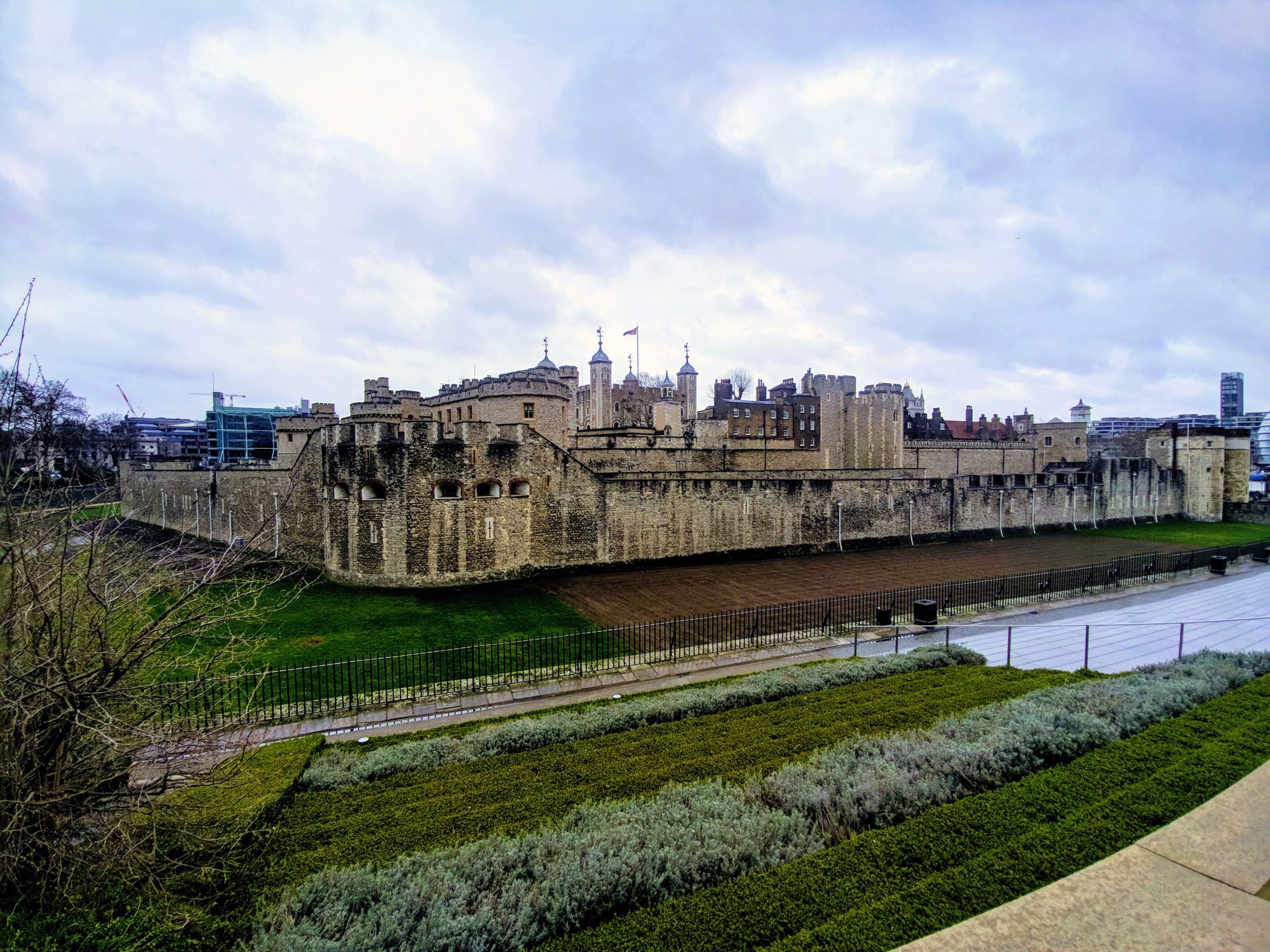 Tower of London and walls on a cloudy day in London, UK