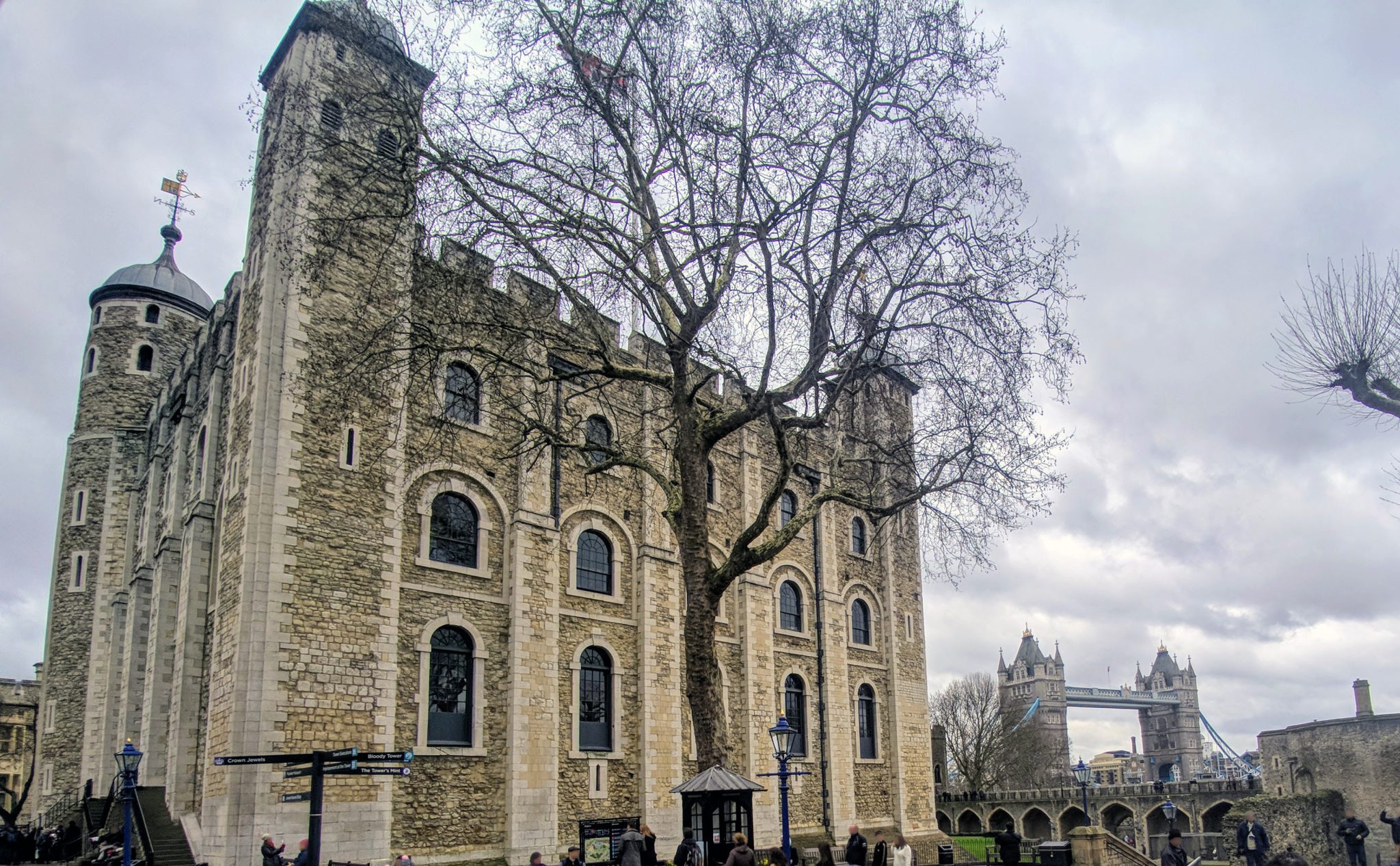 Tower of London and Tower Bridge on a cloudy day in London, UK