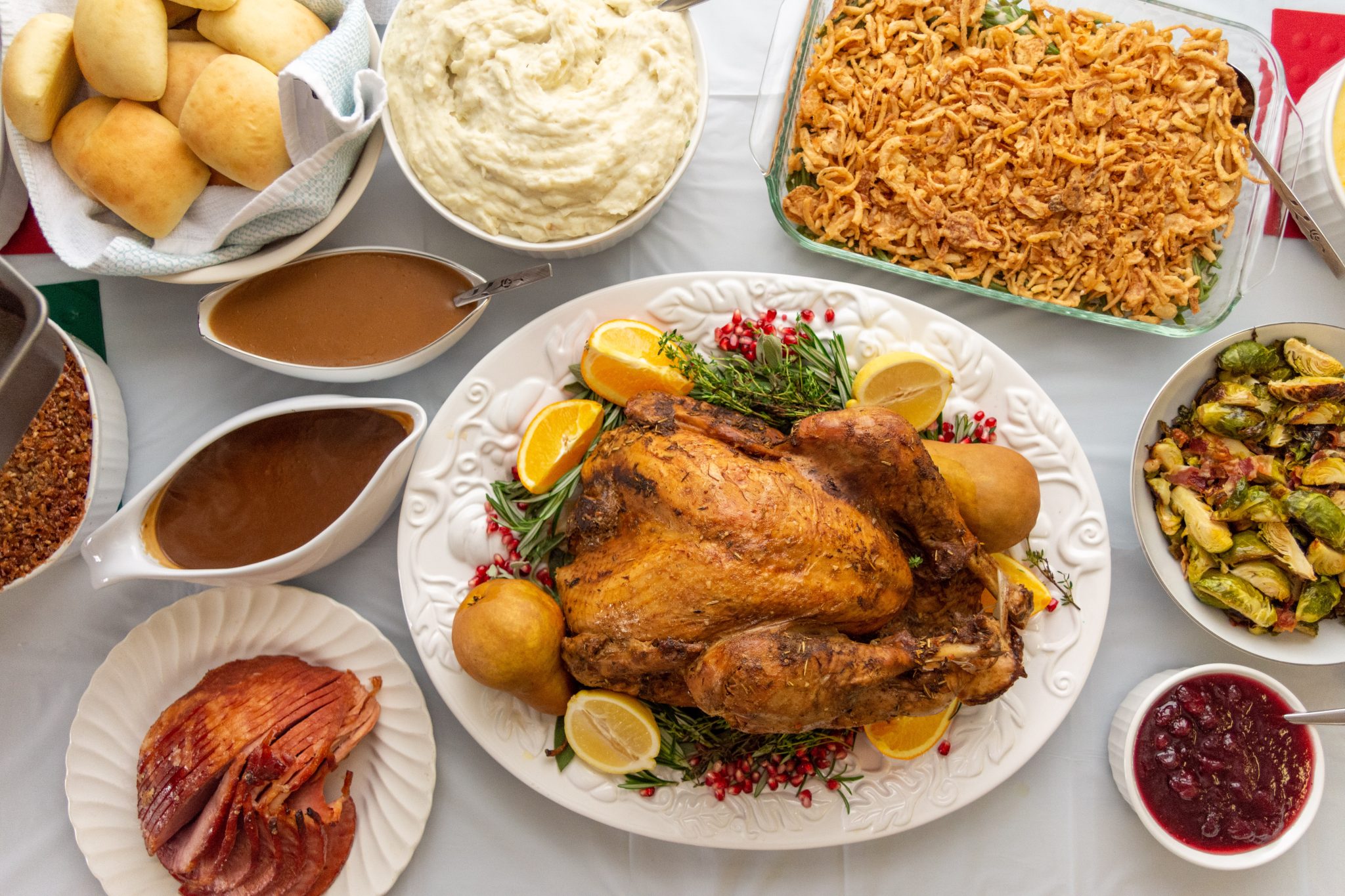 Traditional Thanksgiving dinner spread