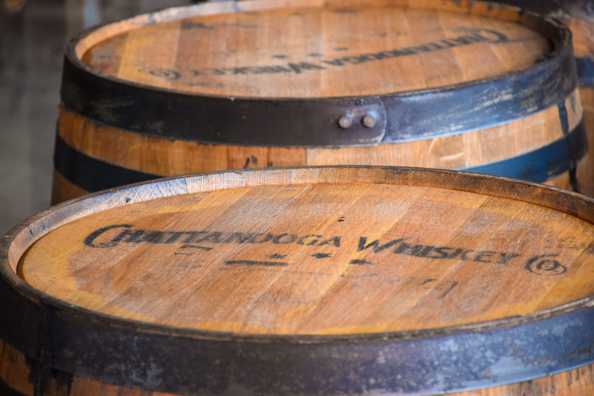 The tops of two whiskey barrels