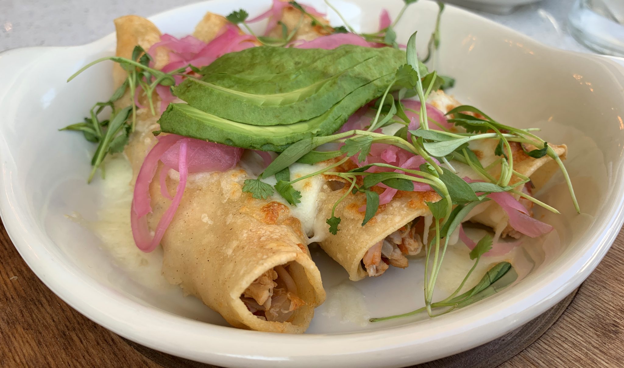 Flautas with Avocado and Pickled Onion
