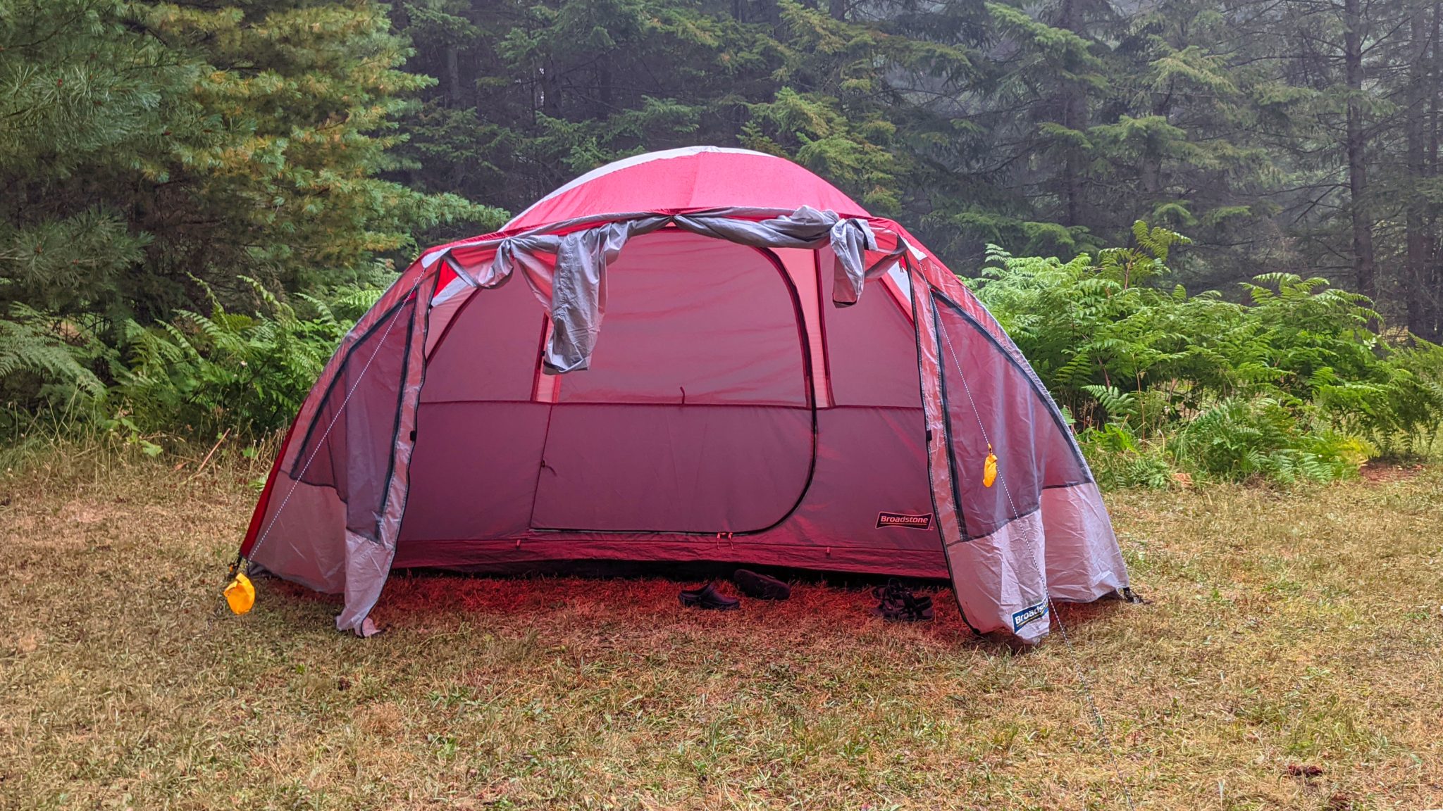 A Tent with a forest in the background