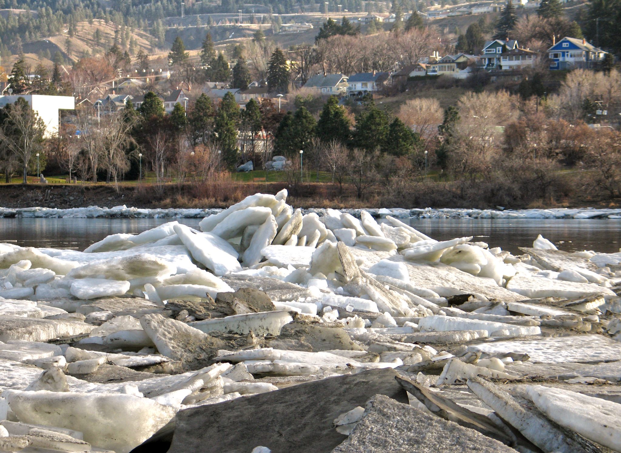 Ice flow breakup at the meeting of the North and South Thompson Rivers in Kamloops, BC, Canada
