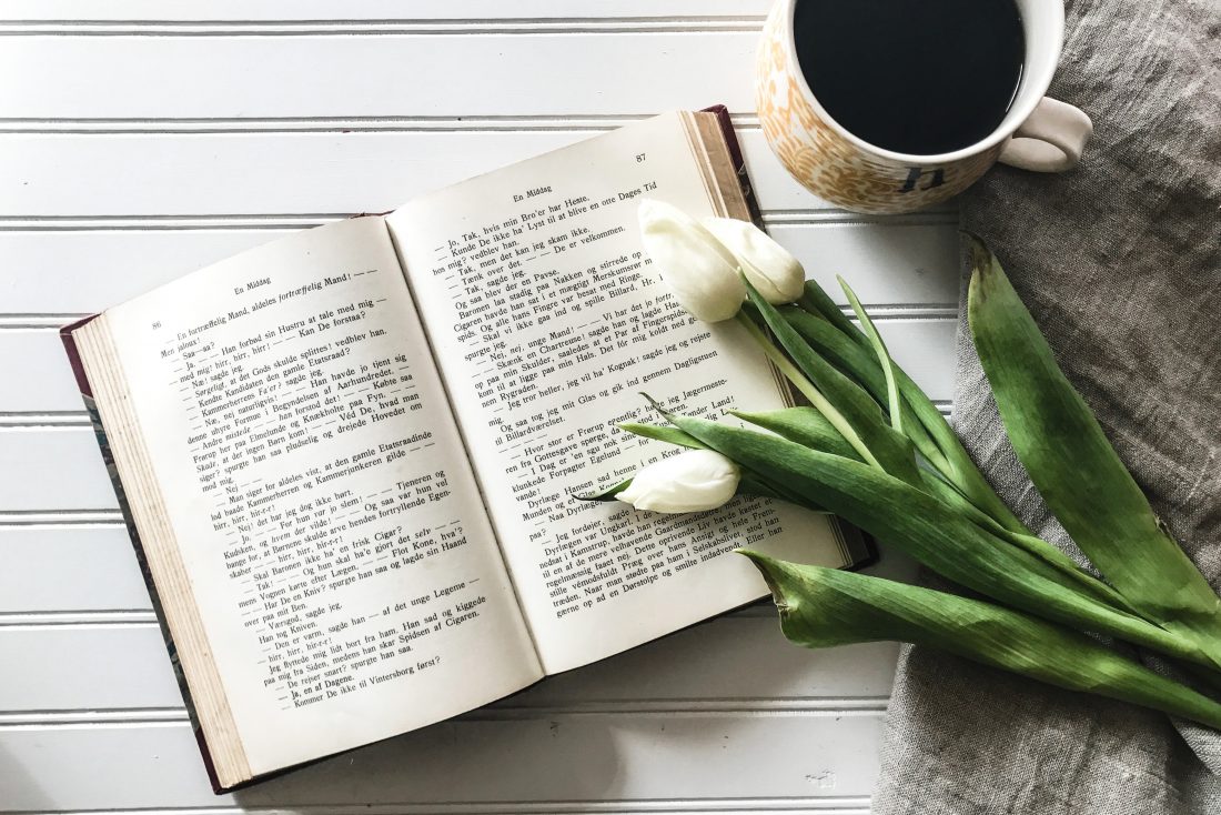 Coffee, Flowers and Open Book