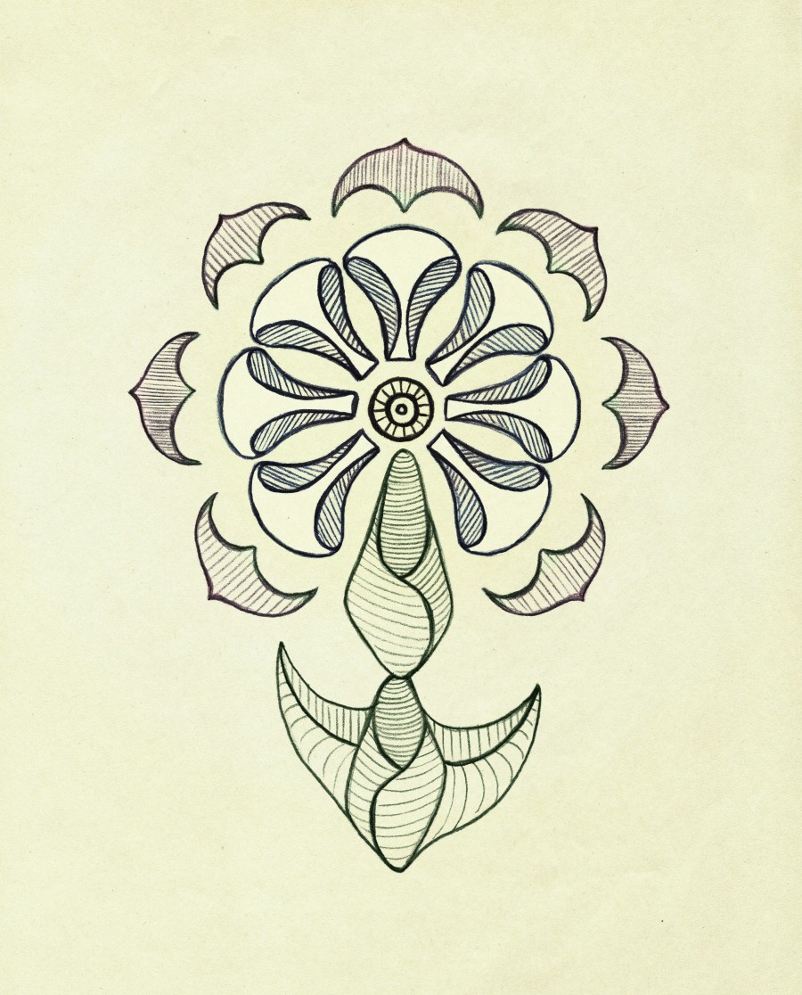 Symmetrical flower on yellow paper. Retro styling. Freehand drawing.