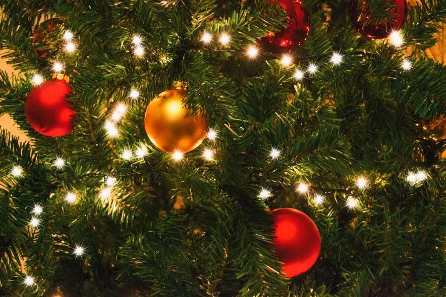 Christmas Tree Details with Lights and Colored Christmas Balls